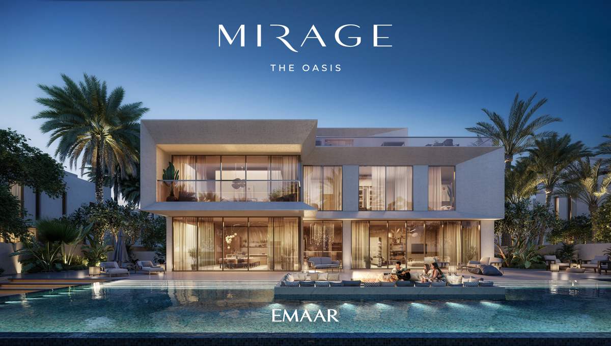 Mirage villa with pool and firepit at night