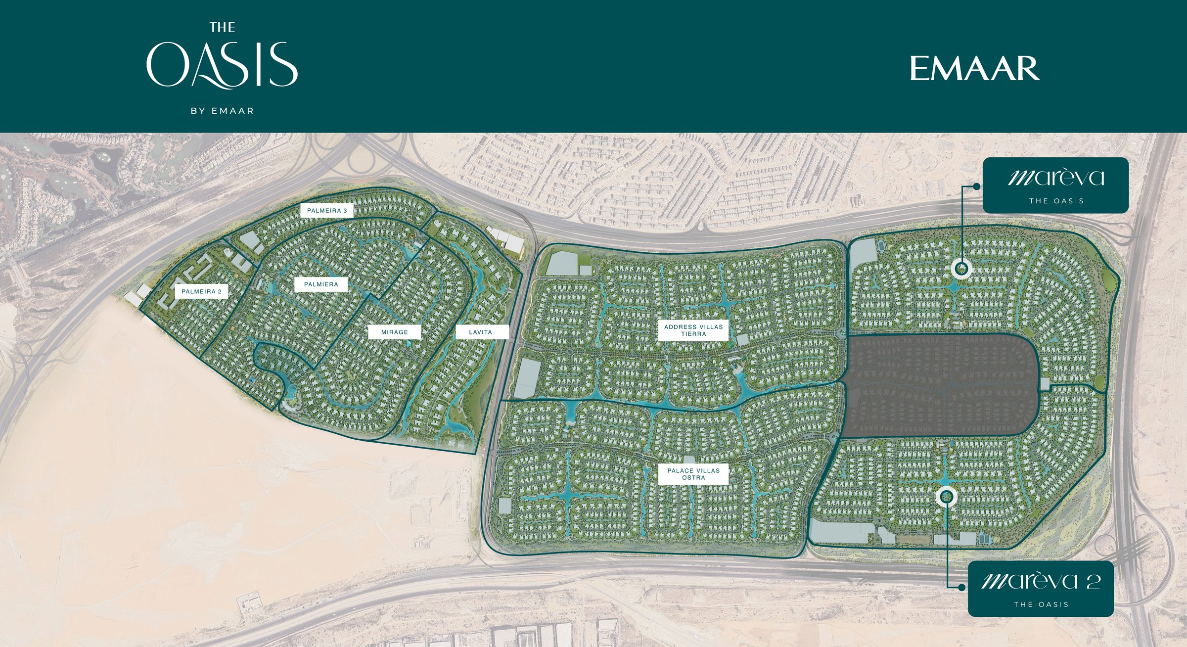 The Oasis by Emaar masterplan showing Palmiera 1, 2 and 3, Mirage, Lavita, Address Villas Tierra, Palace Villas Ostra, Marèva and Marèva 2