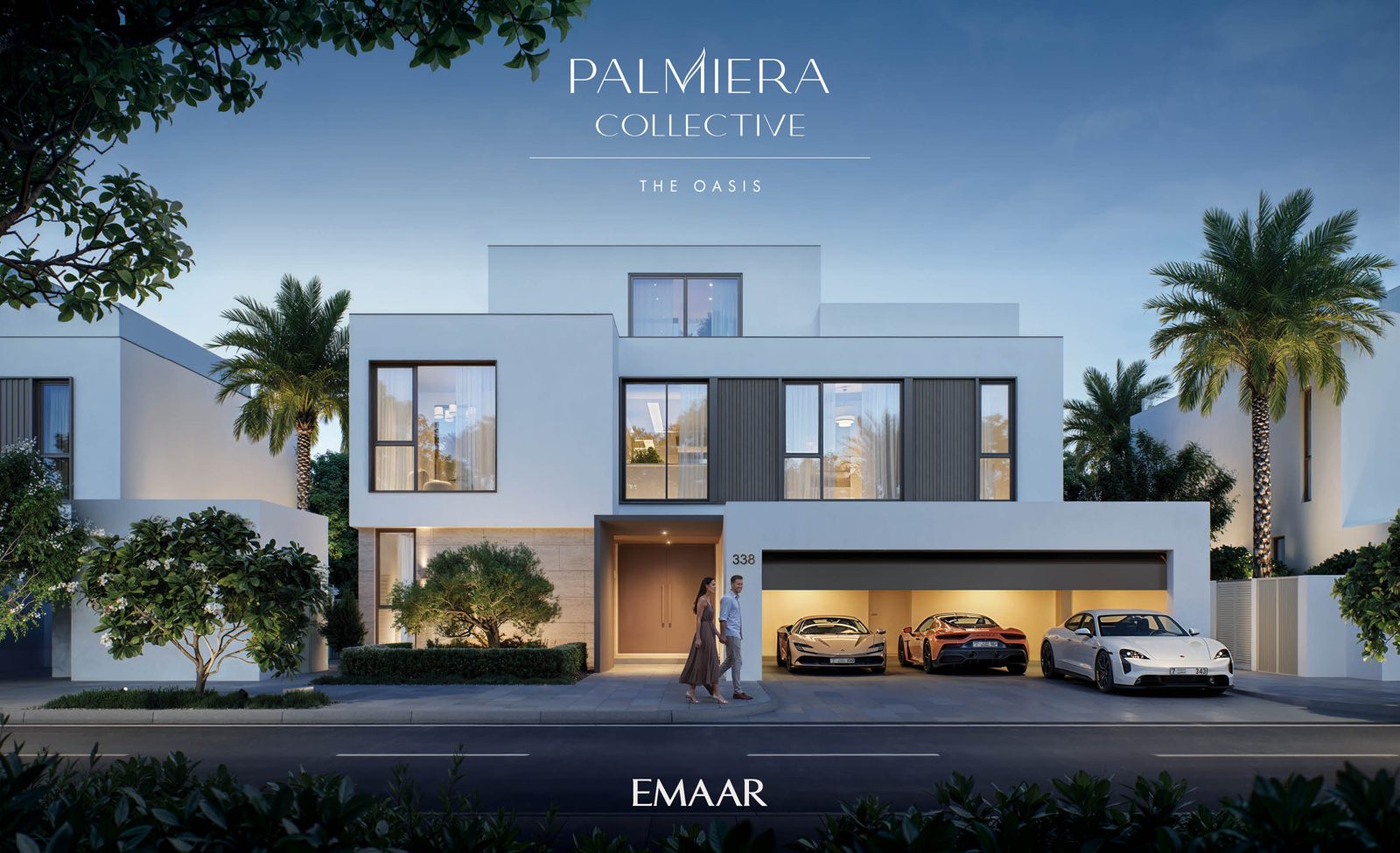Palmiera Collective contemporary villa street view at dusk