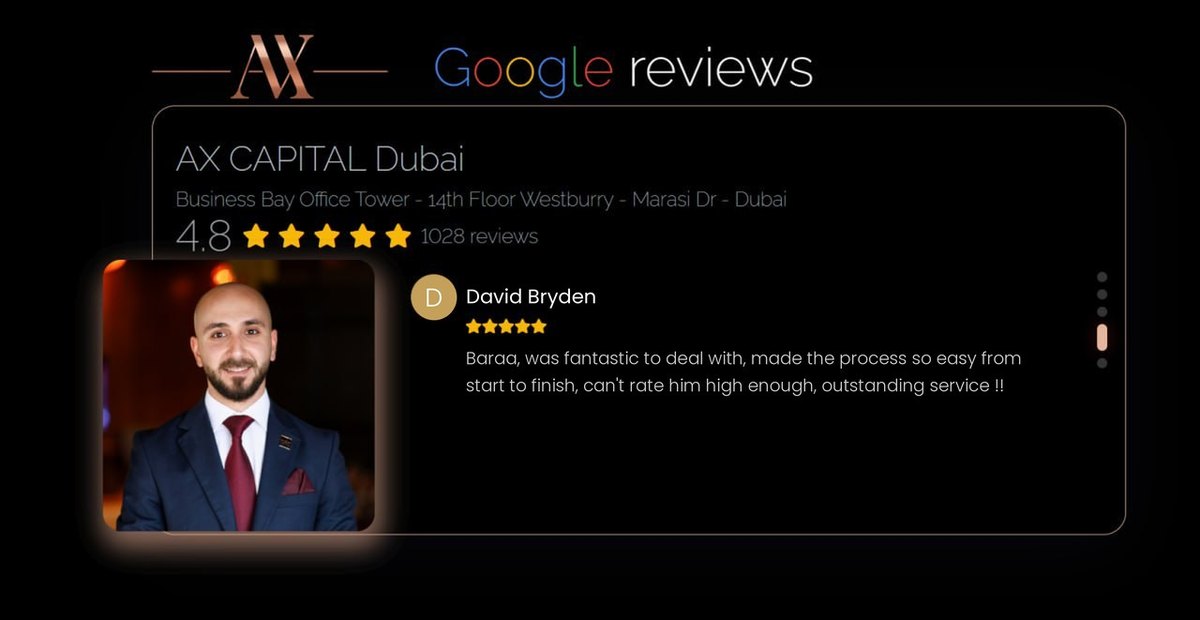 Google review of Baraa Noura at AX CAPITAL Dubai, 5 stars, from David Bryden: Baraa was fantastic to deal with, made the process so easy from start to finish, can't rate him high enough, outstanding service.